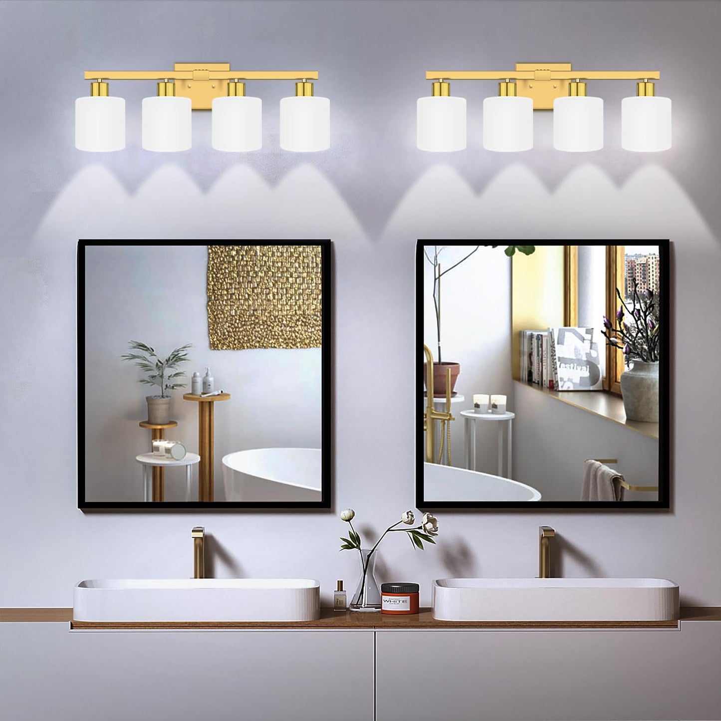 Bivemetn 4-Light Bathroom Light Fixtures Over Mirror, Modern Gold Vanity Lights with White Frosted Glass Shade, Bathroom Light Fixture for Mirror Bedroom, Living Room Hallway