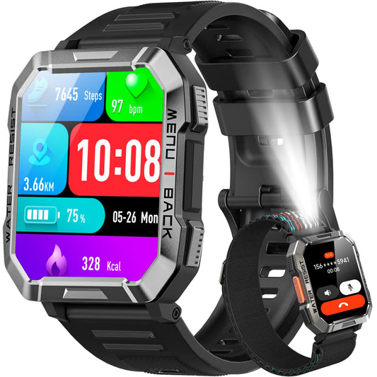 Military Smart Watch for Men(Answer/Make Call), Outdoor Sports Smartwatch with Flashlight/100 Days Battery/Compass/Heart Rate/SpO2/Sleep Monitor/2 Straps, Fitness Tracker for iPhone/Android Phones