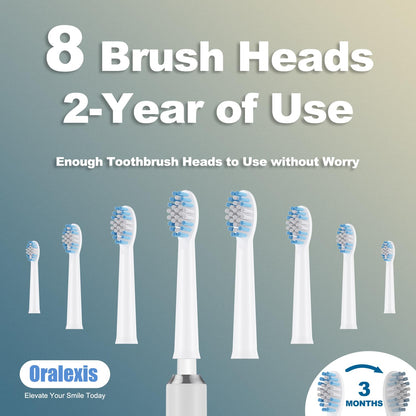 ORALEXIS Electric Toothbrush for Adults and Kids, with Tongue Scraper and 8 Brush Heads, One Fast Charge Last 120 Days, 40000 VPM Deep Clean, Sonic Travel Toothbrush - White