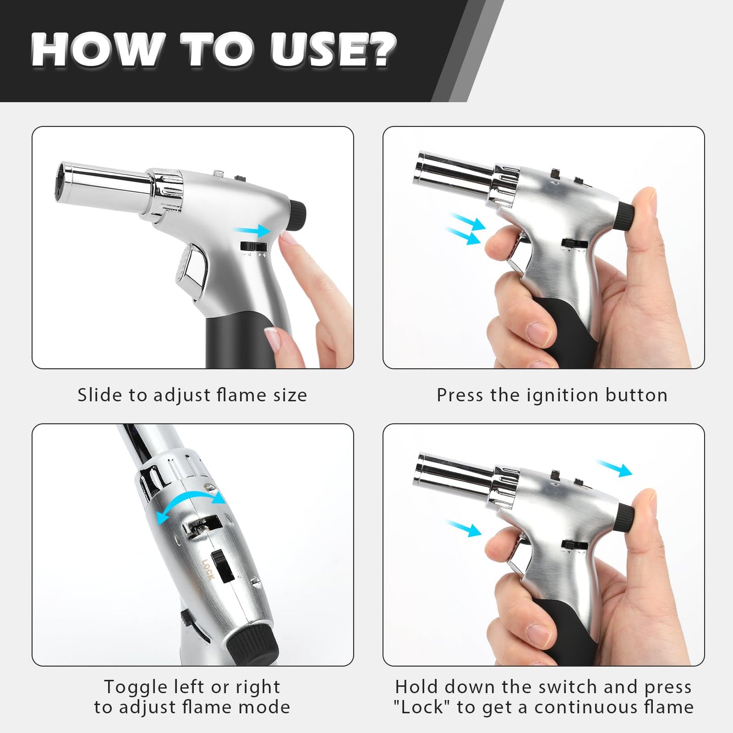 Koackl Dual Flame Mode Butane Torch Lighter, Refillable Luxury Kitchen Torch with Adjustable Flame with Ignition Lock for Welding, Resin Art, Cooking- Platinum and Black(Butane Gas Not Included)
