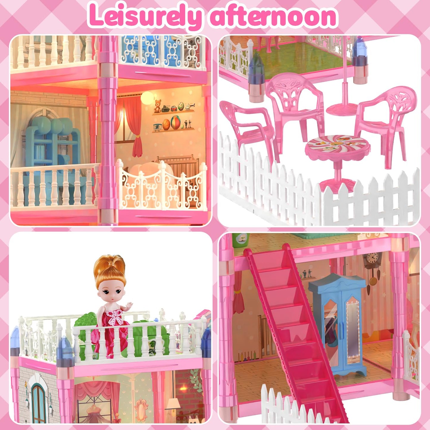 JoyZin 374Pcs Doll House for Girls, 15 Rooms Princess Playhouse with Lights, Dolls, Furniture, Accessories, Pretend Play Dream House Toys for 3 4 5 6 7 8 9 10 Years Old Kids Toddlers Gifts