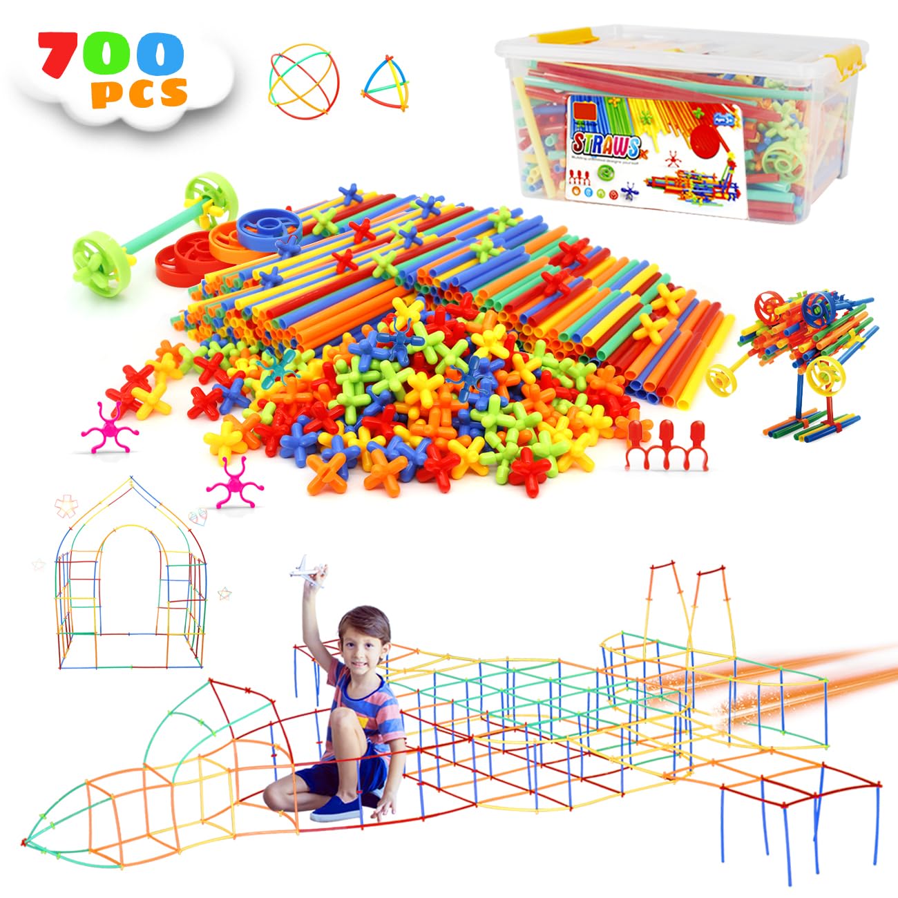 700Pcs Straw Constructor Toys for 3 4 5 6 7 8 Years Kids STEM Building Toys with Box Straw Toy Interlocking Plastic Toys Engineering Toys Thin Tube Blocks Toy Preschool Toy Kit for Boys and Girls