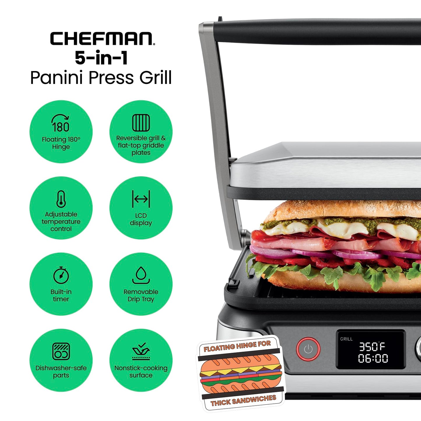 Chefman 5-in-1 Panini Press and Grill Combo