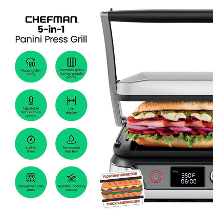 Chefman 5-in-1 Panini Press and Grill Combo