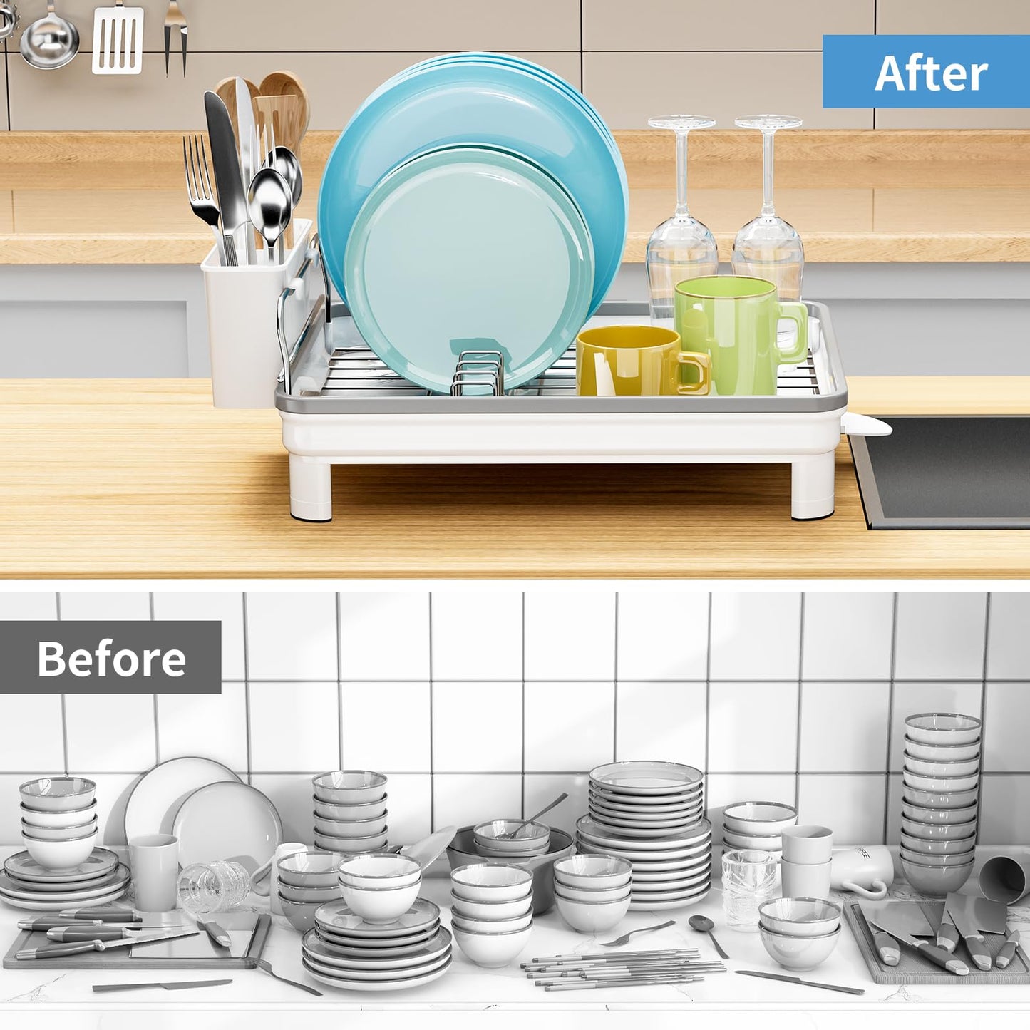 Ewaiira Dish Drying Rack, Dish Racks for Kitchen Counter, Anti-Rust Dish Dryer Rack with 360° Swivel Spout Drainboard Set, Utensil Holder and Cup Holder for Kitchen Countertop (White)