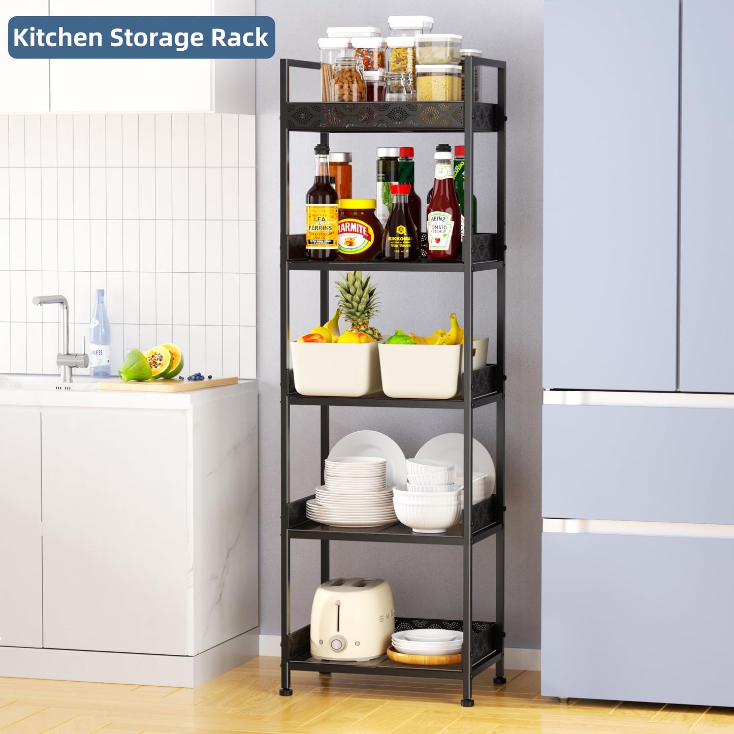 vimiroo Heavy Duty 5 Tier Bookshelves,Metal Storage Rack for CD, Books,Microwave Load-Bearing 500 lbs Rust Resistance Tall Bookcase for Bedroom,Living Room,Office,Kitchen (Black)