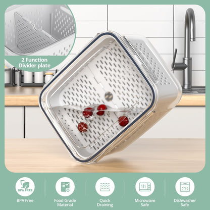 Fruit Storage Containers for Fridge with Removable Colander, 24PCS Fruit Containers for Fridge with 2 Function Divider Plate, Airtight Storage Container to Keep Berry Fruit Fresh, Dishwasher Safe