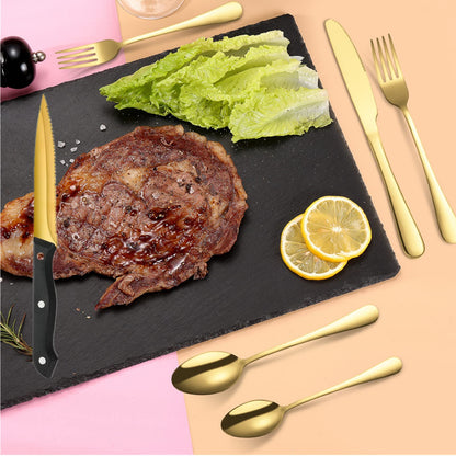 A · HOUSEWARE Gold Flatware Set For 4 With Steak Knives 24 Piece Stainless Steel Silverware Forks and Spoons Kitchen Daily Use Festival Parties Casual or Formal Occasions…