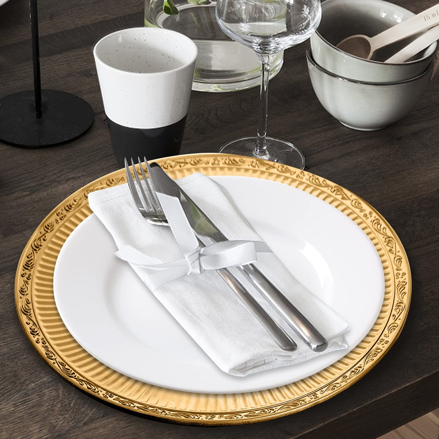 Yesland 12 Pack Gold Charger Plates with Hammered Rim, 13 Inch Plastic Round Charger for Dinner Plates Dinner Chargers Set for Wedding Decorative, Party, Tabletop, Thanksgiving, Restaurant