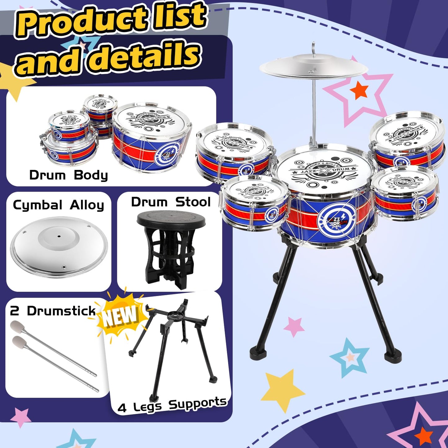 Toy Drum Set for Toddlers with Stool