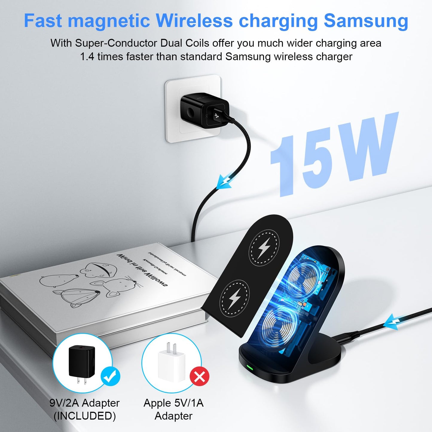 Wireless Charger Samsung, 15W Wireless Phone Charger Stand for Samsung S24 S24 Ultra S24+ S23FE S22 S21 S20 Z Fold 5 Z Flip 5, Android Charging Station for iPhone 15 14 13 12 11, Google Pixel 8 8 Pro