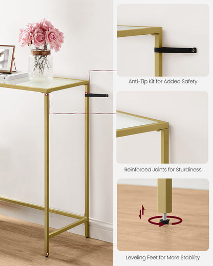 VASAGLE 39.4 Inches Console Table, Tempered Glass Sofa Table, Modern Entryway Table, Metal Frame, Easy to Assemble, Adjustable Feet, for Living Room, Hallway, Gold Color ULGT26G