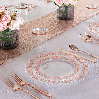 IOOOOO 150 Pcs Rose Gold Plastic Plates & Silverware & Disposable Cups, Laced Design Includes 25 Dinner Plates 10.25" 25 Dessert Plates 7.5" 25 Tumblers 25 Forks 25 Knives 25 Spoons for Party