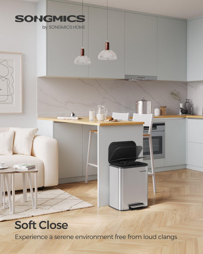 SONGMICS Kitchen Trash Can, 5.2-Gallon (20L) Garbage Can with Lid, Stainless Steel, Soft Close and Stays Open, Inner Bucket, Wide Non-Slip Pedal, Metallic Silver LTB542E20