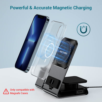 Magnetic Wireless Charging Station, 4-in-1 Fast MagSafe Charger Stand with PD 20W Adapter for iPhone 14,13,12 iWatch Series, AirPods 3/2 Pro