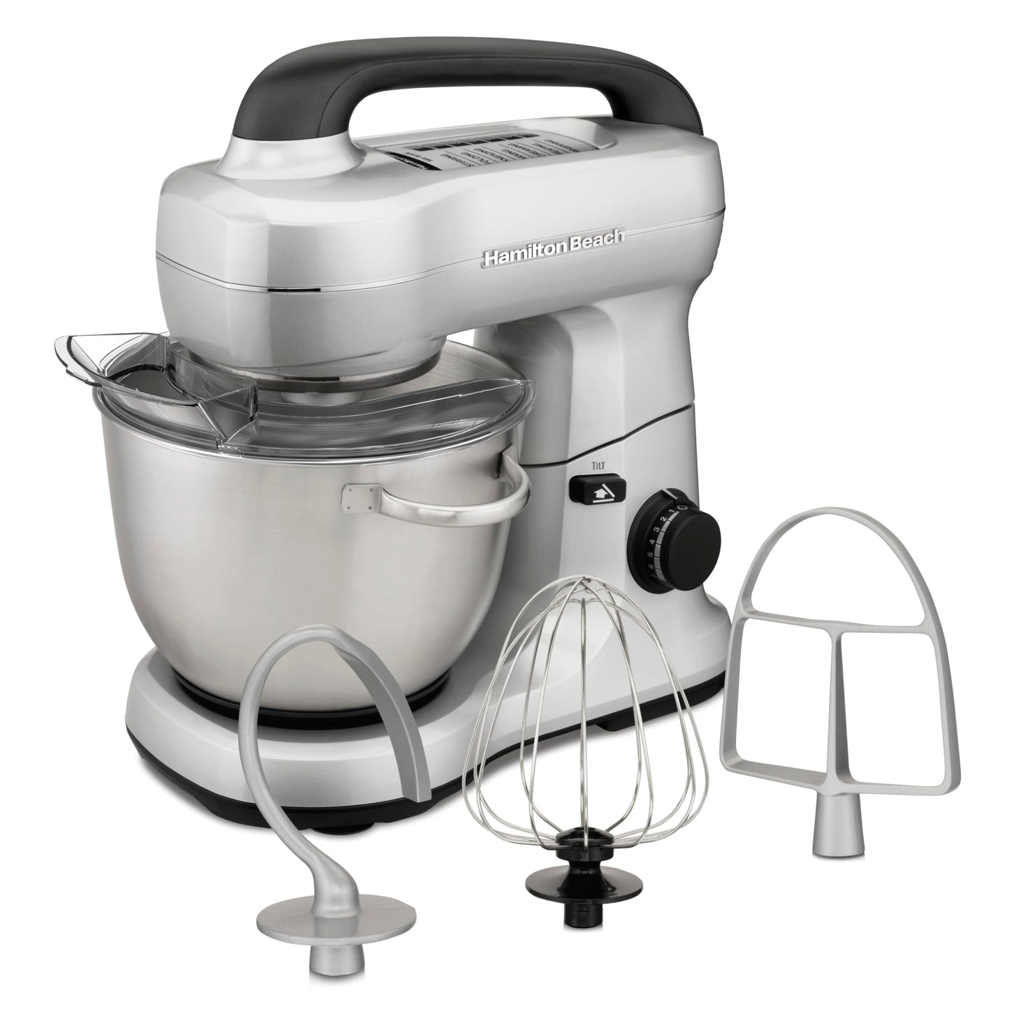 Hamilton Beach Electric Stand Mixer, 4 Quarts, Dough Hook, Flat Beater Attachments, Splash Guard 7 Speeds with Whisk, Silver