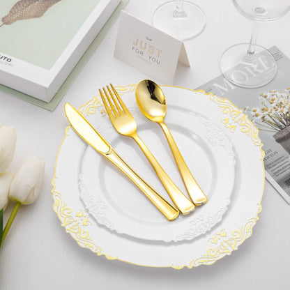 Lullaby 320pcs Gold Plastic Silverware, Gold Disposable Silverware Include 120 Forks, 100 Spoons, 100 Knives, Gold Plastic Flatware, Gold Cutlery Set Disposable for Weddings, Party and Daily Use