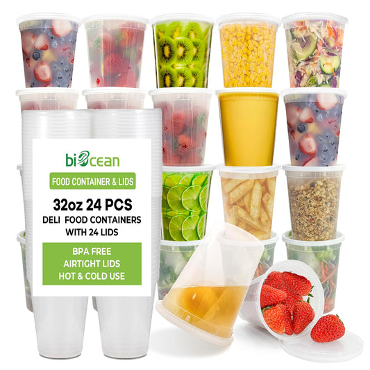 Airtight 32 Oz Deli Containers with Lids - 24 Set