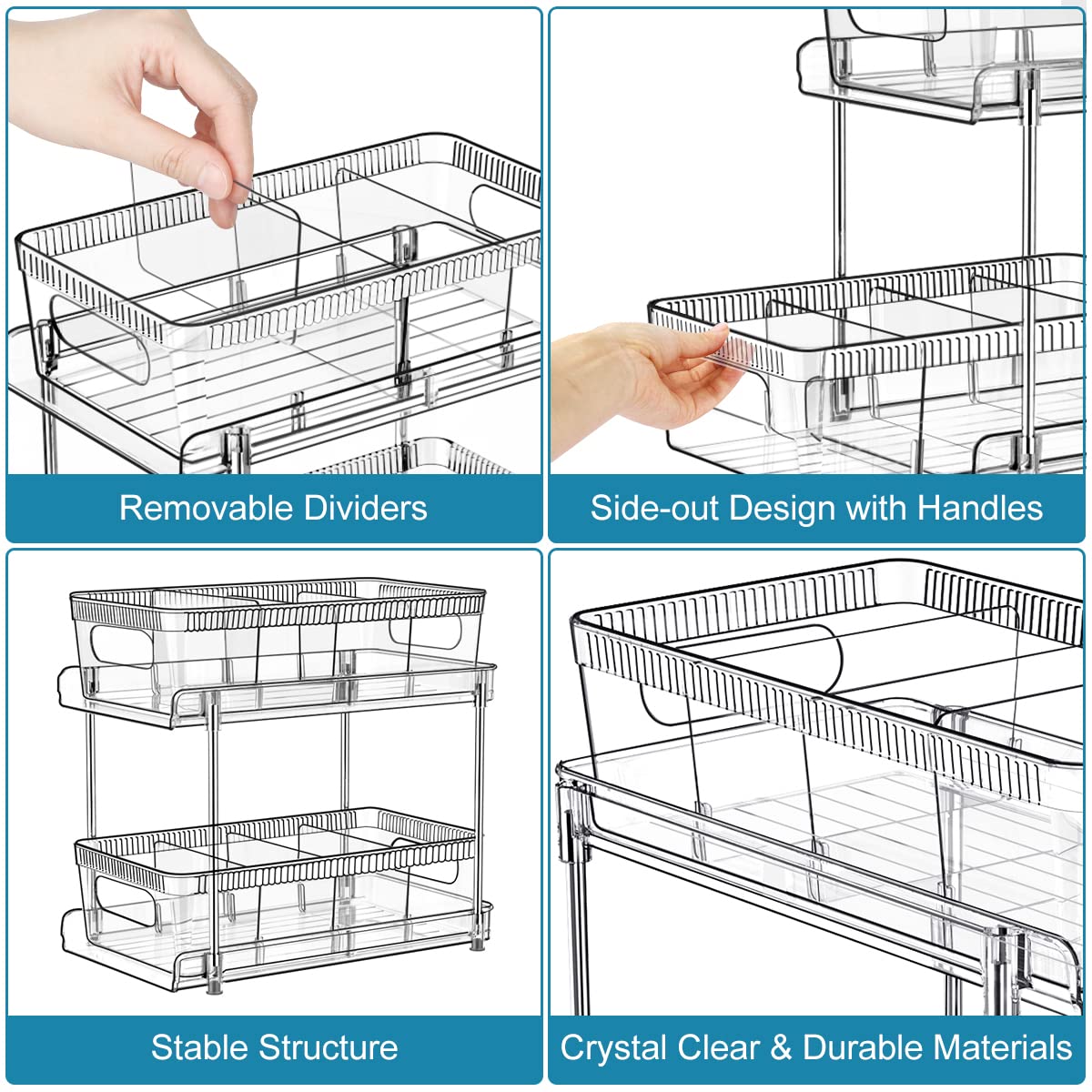YOOMIDDA Bathroom Storage Organizer with Dividers, 2 Tier Multi-Purpose Kitchen Under Sink Organizers and Storage Slide-Out, Closet Organization, Kitchen Pantry Cabinet Medicine Bins