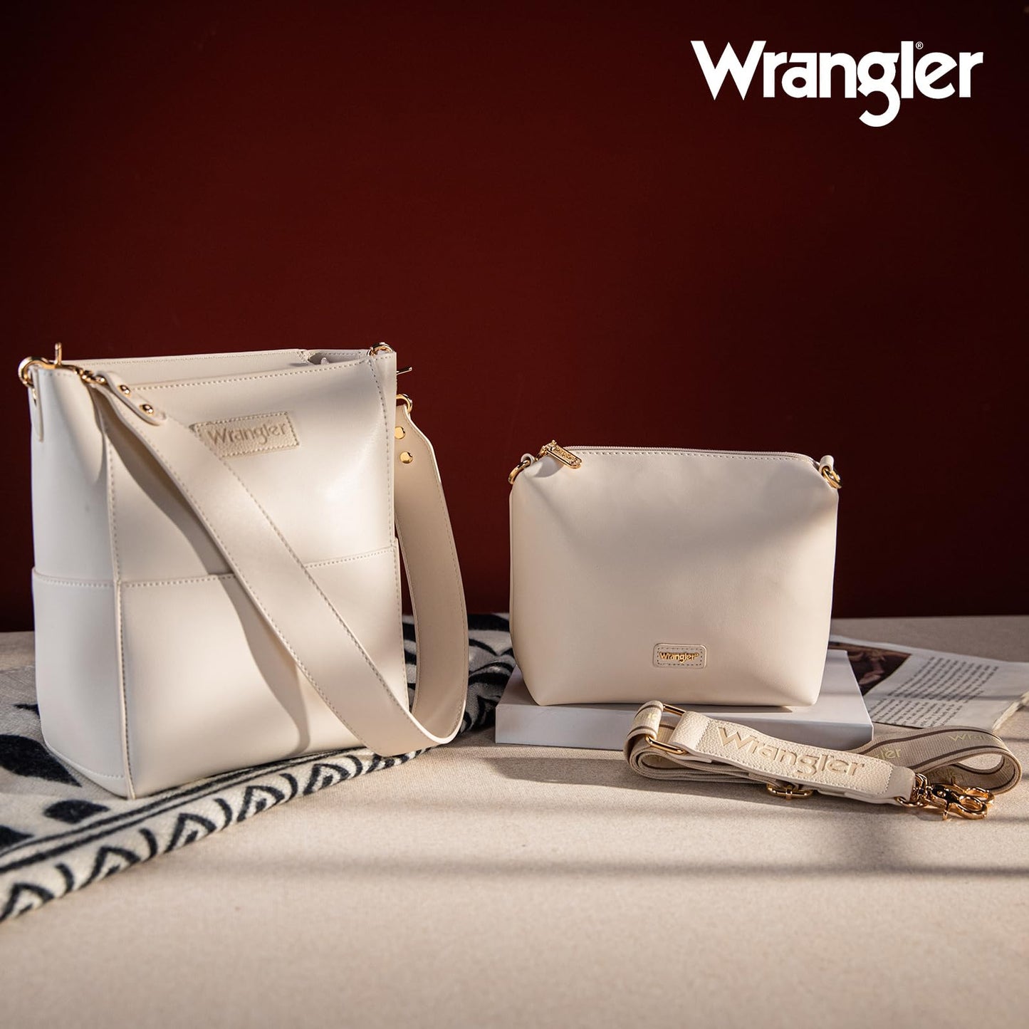 Wrangler Bucket Handbags for Women Crossbody Shoulder Purse with Guitar Strap and Hobo Bag Organizer Insert Tote Oversized BeigeWG67-918BG