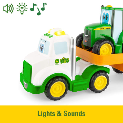 JOHN DEERE Lights & Sounds Farmin' Friends Hauling Set - Includes Toy Truck and Backhoe Tractor Toy Toys - Toddler Toys Ages 18 Months and Up