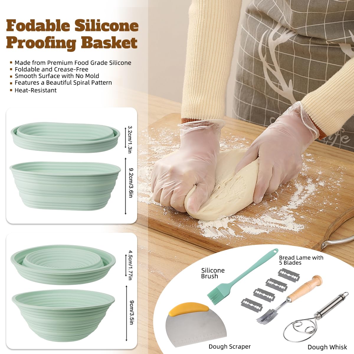 Silicone Banneton Bread Proofing Baskets - 9” Round & 10” Oval, Complete Foldable Sourdough Baking Set with Tools, Heat Resistant, Non-Stick, Easy Clean, Sourdough Bread Baking Supplies