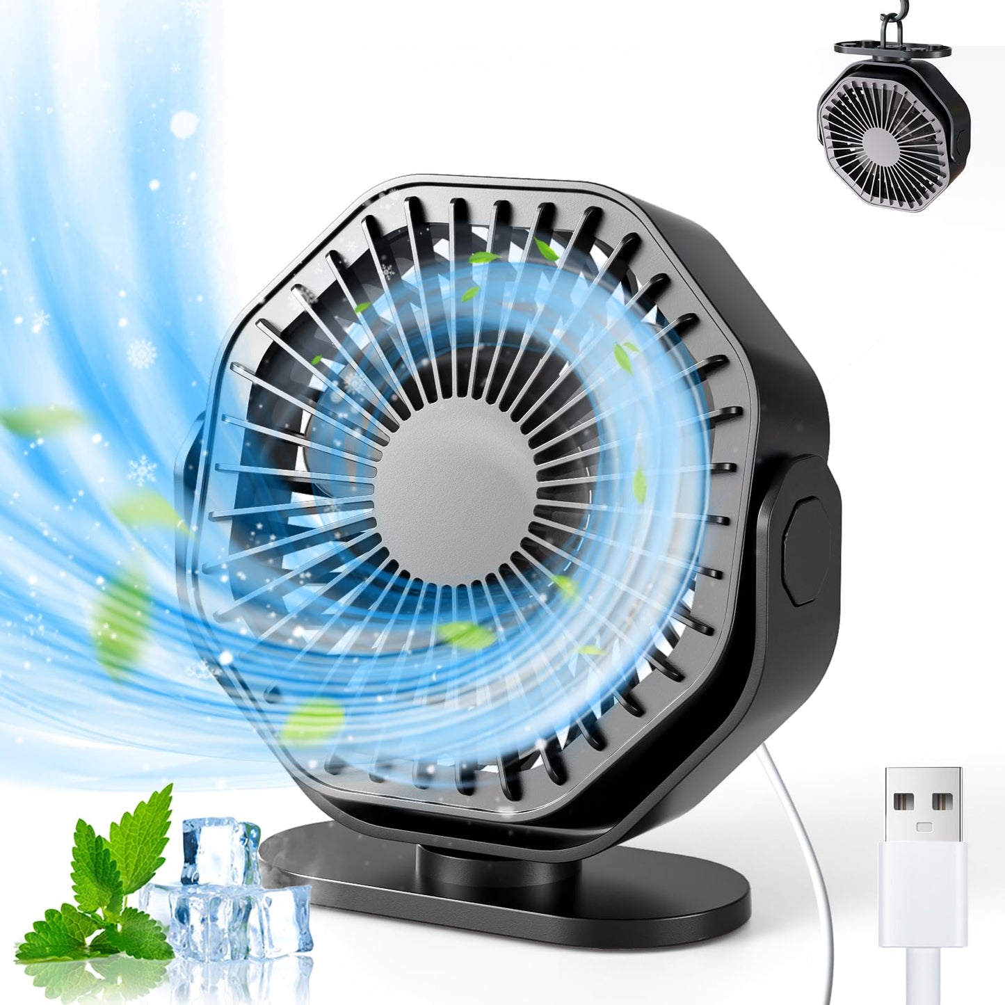 USB Desk Fan with 3 Speeds and 360° Rotation