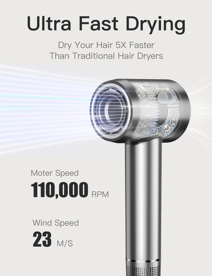 Fezax Negative Ionic High-Speed Hair Dryer with 11,0000 RPM Brushless Motor for Fast Drying, Professional Blow Dryer with Diffuser and Nozzle, Low Noise Hairdryer for Salon Home Travel, Black