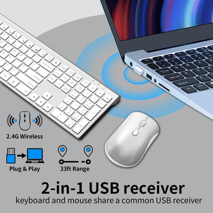 Wireless Keyboard Mouse Combo, Silent & Slim Keyboard and Mouse with USB Receiver, Quiet Click, 2400 DPI, 110 Keys Full Size & Ergonomic Computer Keyboard Set for Laptop PC Windows Mac - Silver White