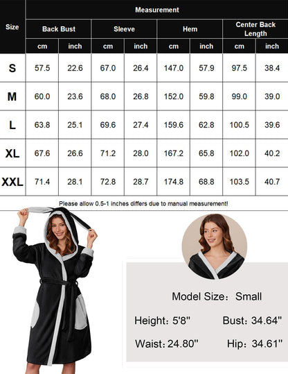 Ekouaer Plush Robes for Women Hooded Knee Length Bathrobe Flannel Fleece Lounge Robe with Pockets Black Medium