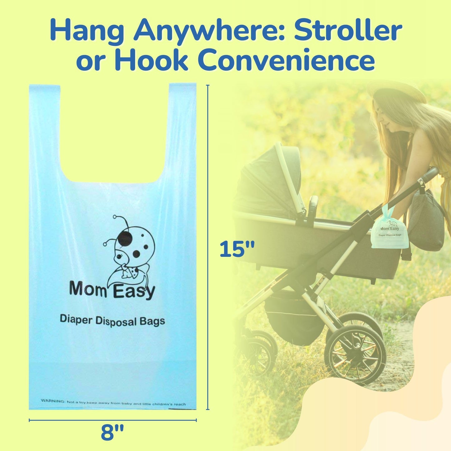 MOM EASY 600 Count Disposable Diaper Bags, 8 x 15 Inch, Unscented, Double Seamed, With Tie Handles, For Baby Waste
