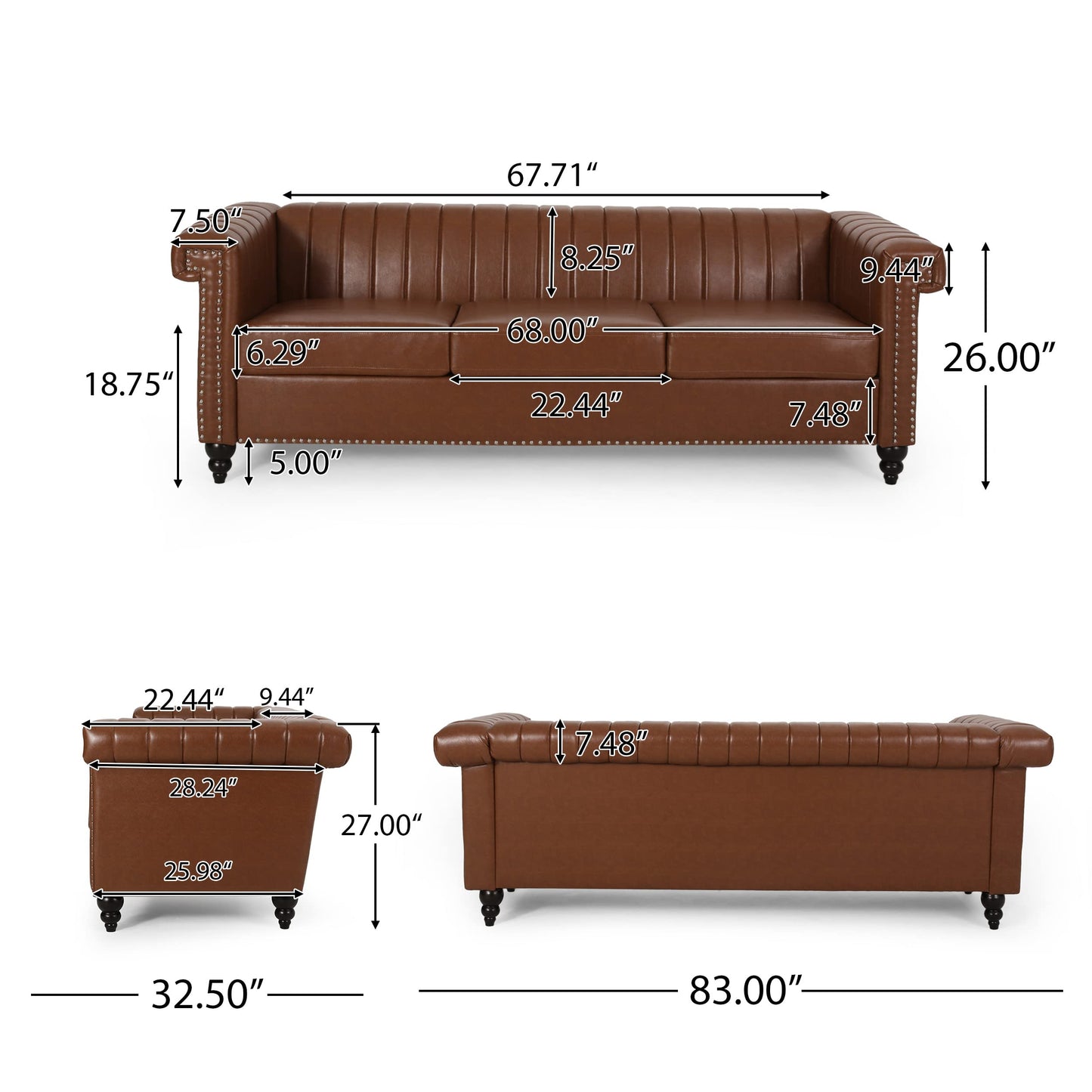 3-Seater Sofa with Nailhead Trim by Christopher Knight