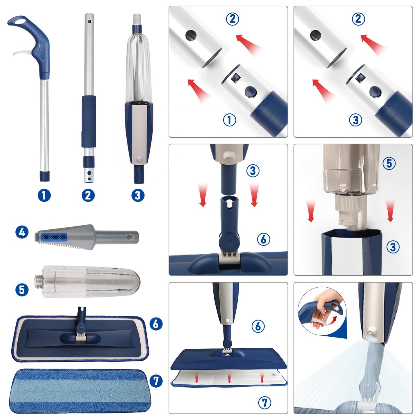 Mops for Floor Cleaning Wet Spray Mop with Refillable Spray Bottle and 3 Washable Microfiber Pads Home or Commercial Use Dry Wet Flat Mop for Hardwood Laminate Wood Ceramic, Purple