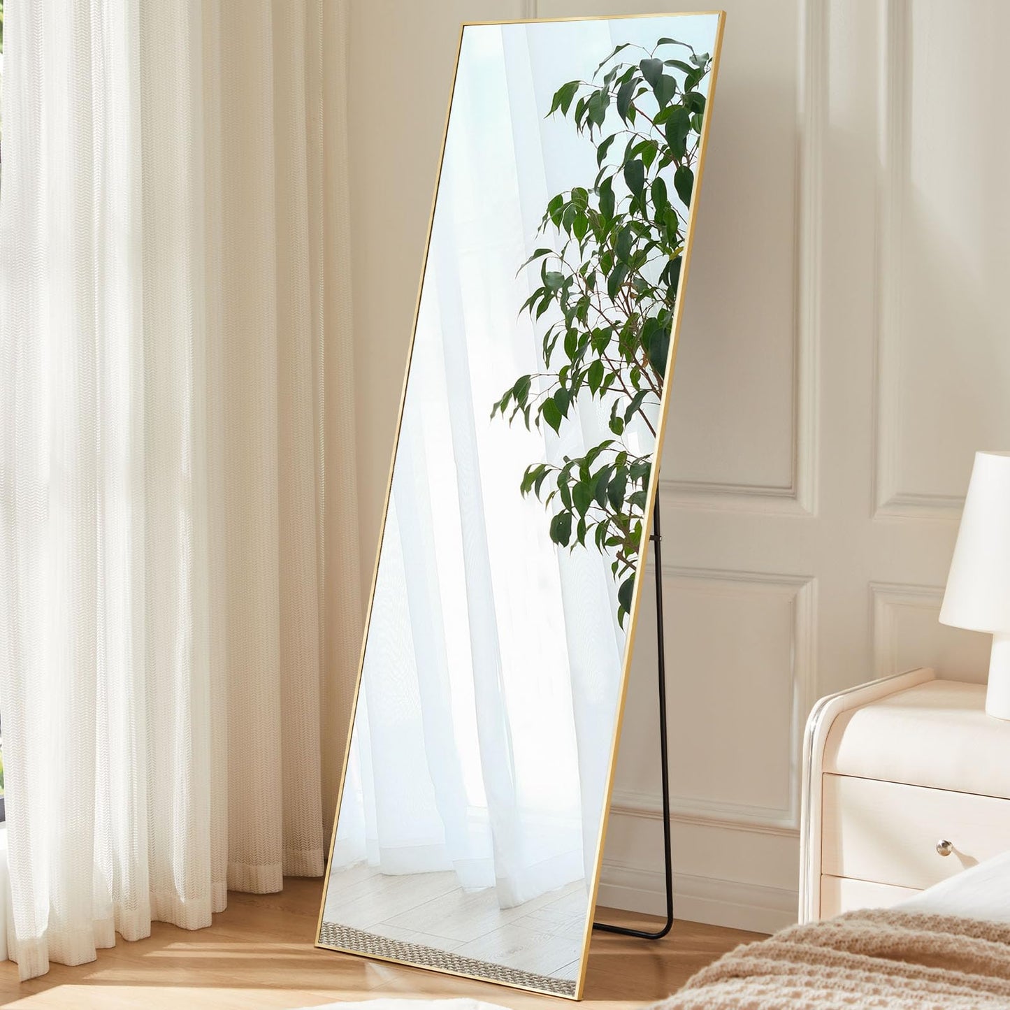 Sweetcrispy 59"x16" Full Length Mirror Full Body Floor Mirror Standing Hanging or Leaning Wall Mirror with Stand Aluminum Alloy Thin Frame for Bedroom Cloakroom, Gold