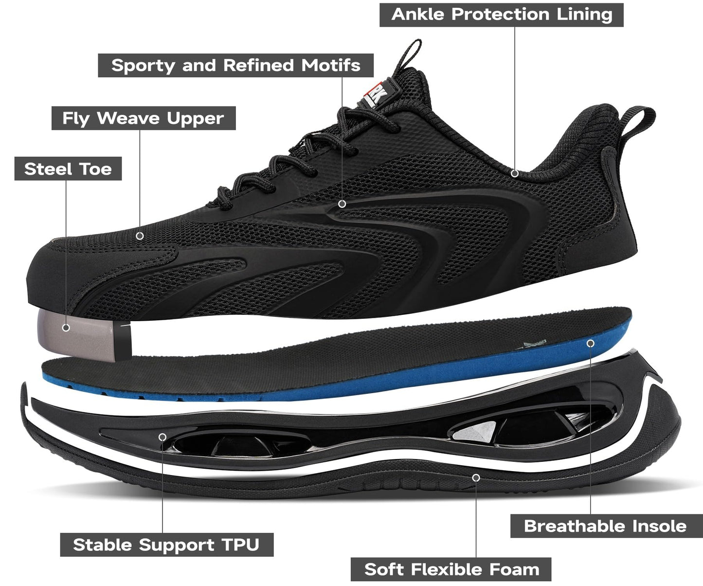 LARNMERN Steel Toe Shoes Men Breathable Work Sneakers Safety Lightweight Comfortable Tennis Shoe Indestructible Sneaker(10 Men, Black)