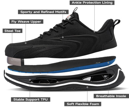 LARNMERN Steel Toe Shoes Men Breathable Work Sneakers Safety Lightweight Comfortable Tennis Shoe Indestructible Sneaker(10 Men, Black)