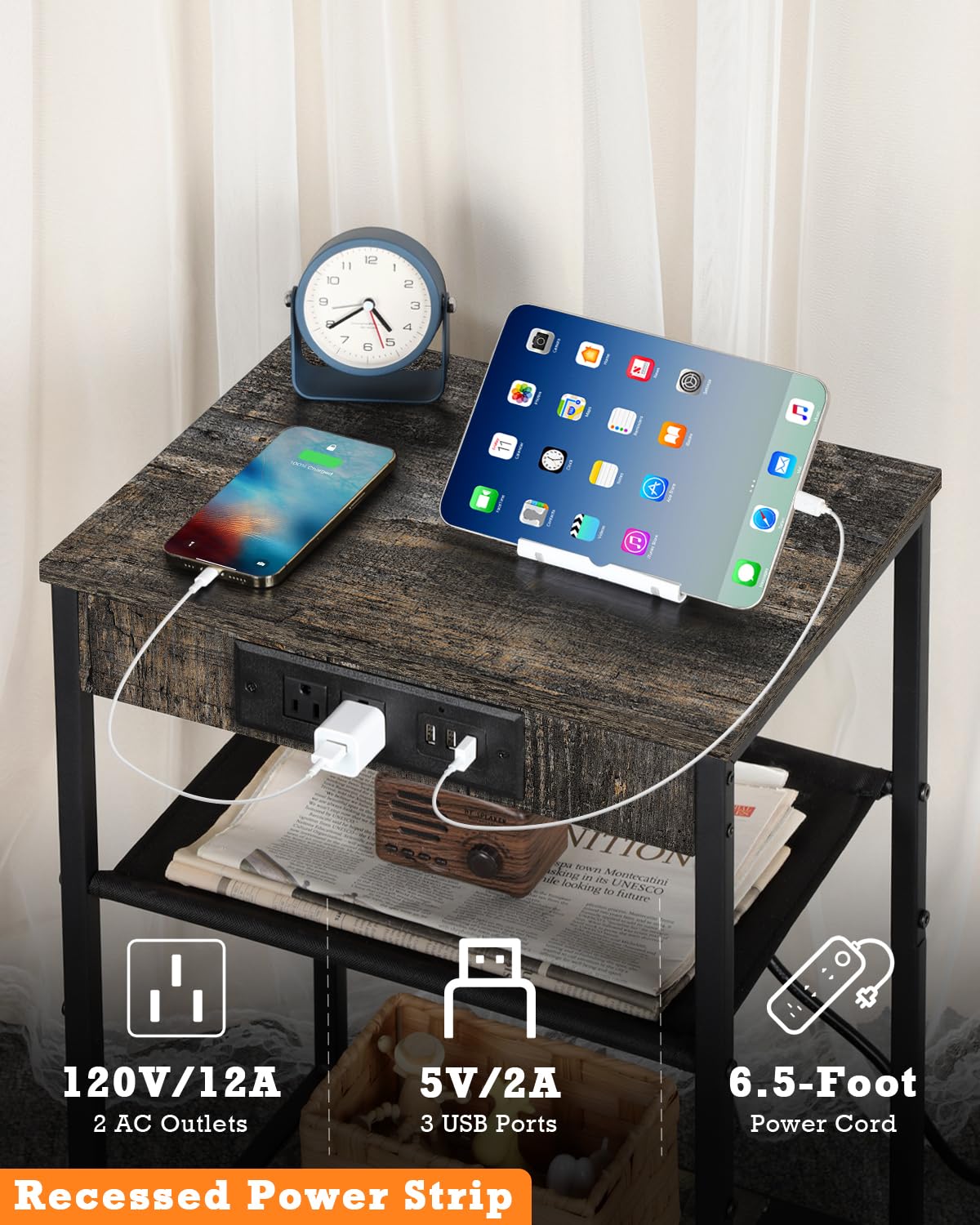 MOOACE End Tables Set of 2 with Charging Station and USB Ports, Bedside Storage Organizer, Nightstand, Small Cabinet, Closet for Bedroom, Living Room, Office and College Dorms, Gray