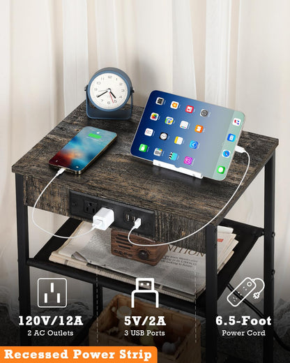 MOOACE End Tables Set of 2 with Charging Station and USB Ports, Bedside Storage Organizer, Nightstand, Small Cabinet, Closet for Bedroom, Living Room, Office and College Dorms, Gray