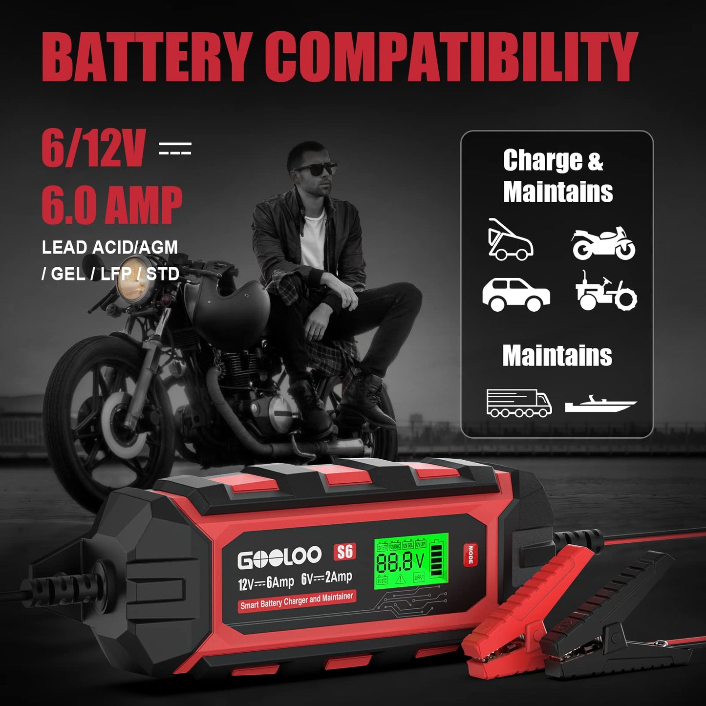 GOOLOO 6 Amp Smart Battery Charger and Maintainer