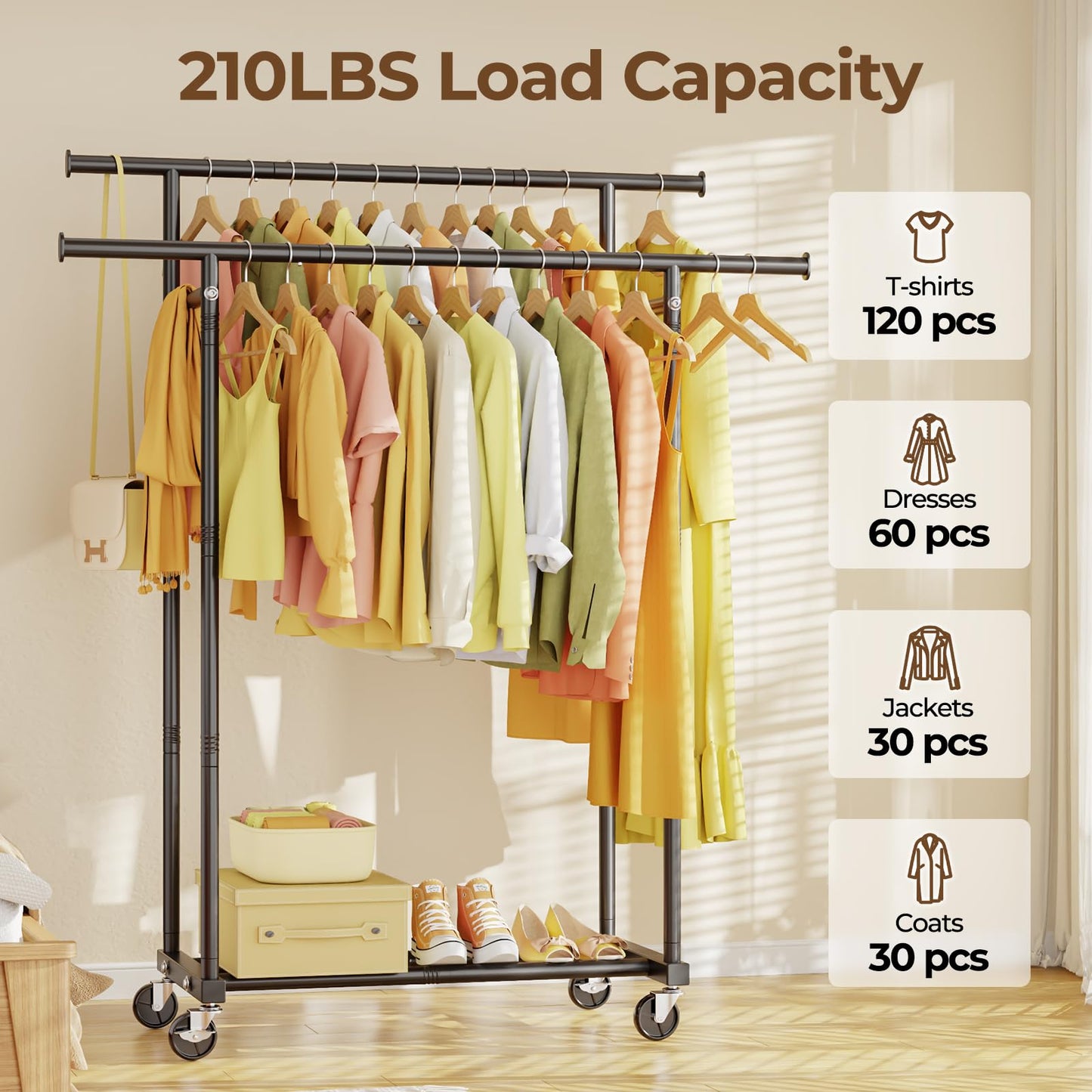 Double Rod Rolling Clothes Rack for Garments