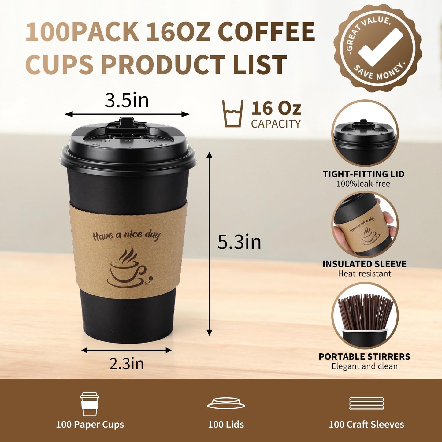 AIRE 100 Pack 16 oz Coffee Cups with Lids, Disposable Coffee Cups for Hot & Cold Drinks, To Go Coffee Cups with Lids for Coffee, Tea, Chocolate, Juice, Insulated Paper Coffee Cups
