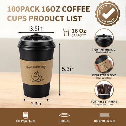 AIRE 100 Pack 16 oz Coffee Cups with Lids, Disposable Coffee Cups for Hot & Cold Drinks, To Go Coffee Cups with Lids for Coffee, Tea, Chocolate, Juice, Insulated Paper Coffee Cups