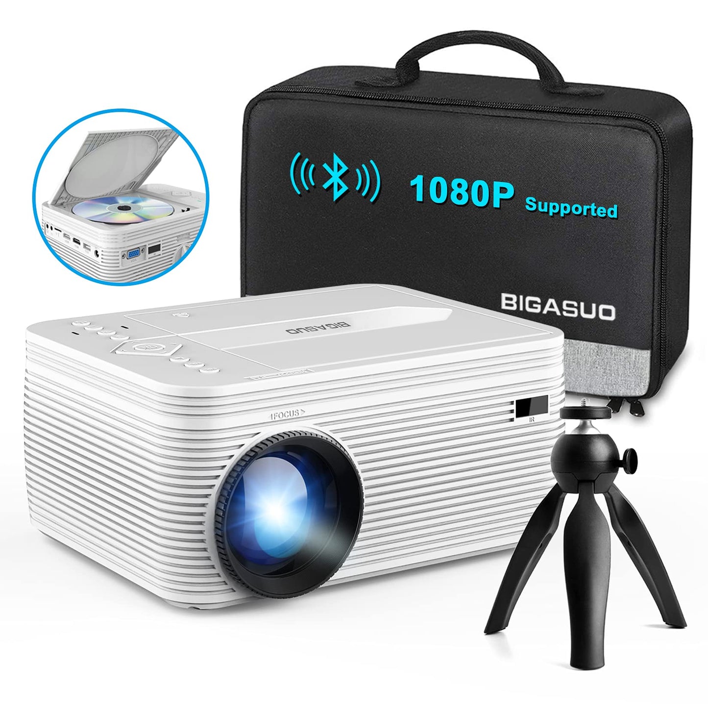 BIGASUO HD 9000L Bluetooth Projector Built in DVD Player, Mini Projector 1080P and 250”Supported with Tripod/ Carry Bag, Projector Compatible w/ TV Stick, PS5, Laptop, Portable Outdoor Movie Projector