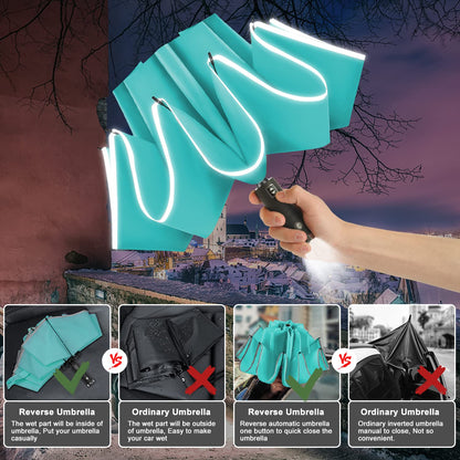 Lejorain Travel Folding Inverted Umbrella - Reverse LED Umbrella Automatic Open and Close - Reflective Collapsible Reversible Umbrella