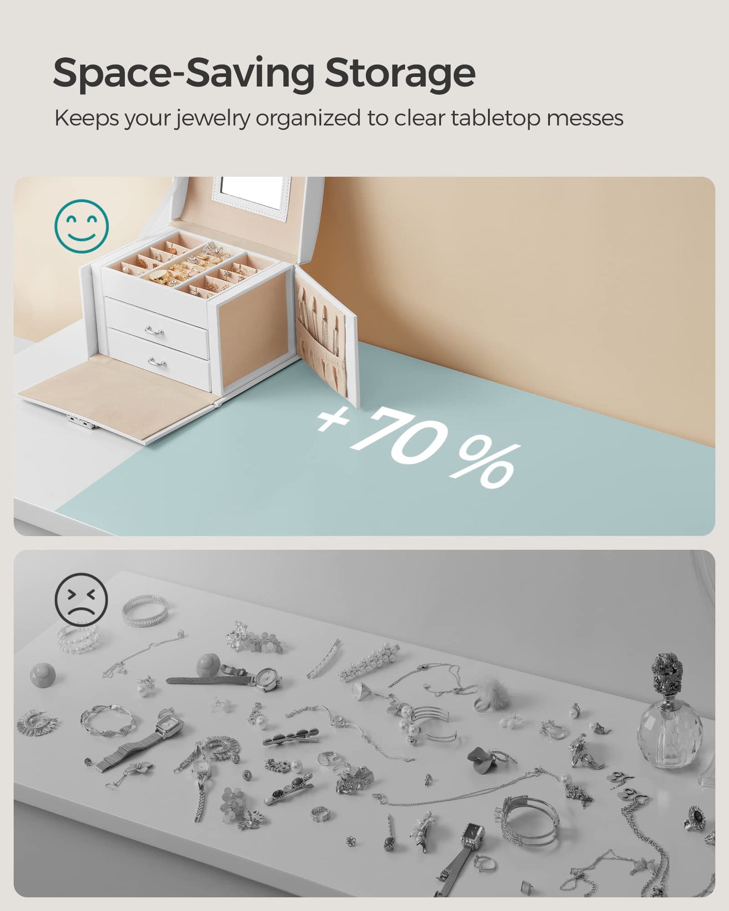 SONGMICS Lockable 3-Tier Jewelry Box with Mirror