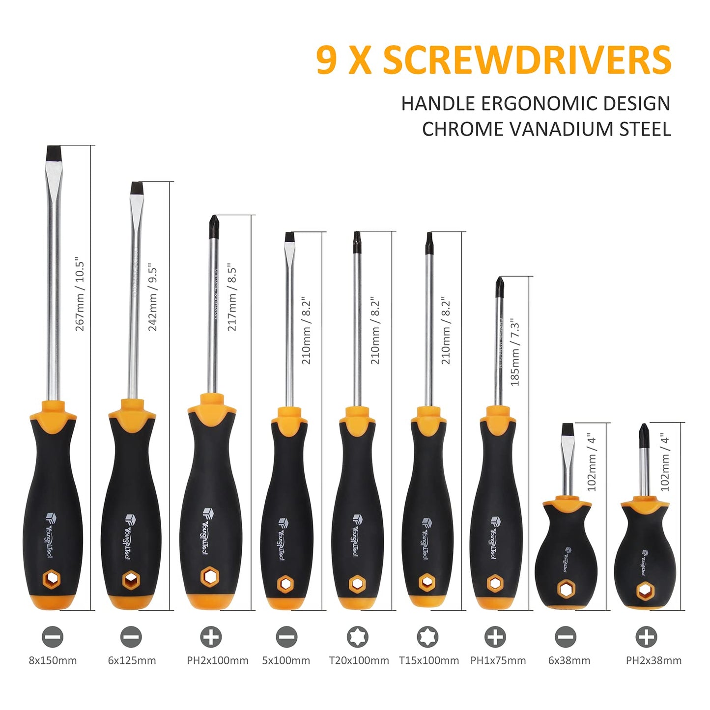 YF YoungFulTool 10 Piece Magnetic Screwdriver Set Include Slotted Phillip Torx Tips Stubby Screwdrivers for Confined Space Magnetizer Demagnetizer with Screwdriver Pouch Men Tools