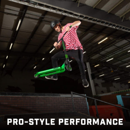 Mongoose Rise 100 Pro Freestyle Stunt/Trick Scooter, Lightweight Alloy Deck & Heavy-Duty Frame Up to 220 lbs., T-Bar Handlebar w/ Bike-Style Grip, High Impact 100mm Wheels, Black/Green