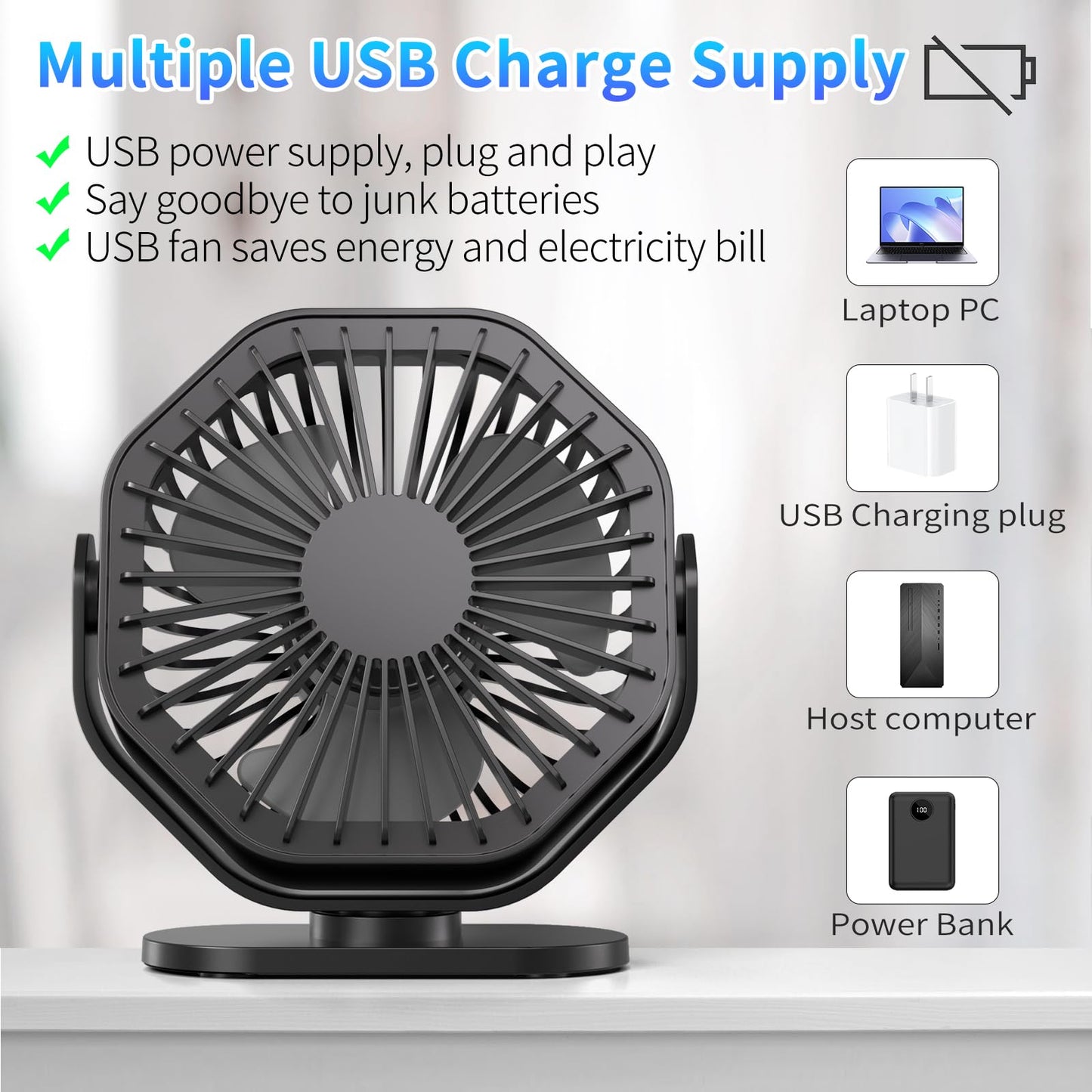 USB Desk Fan with 3 Speeds and 360° Rotation
