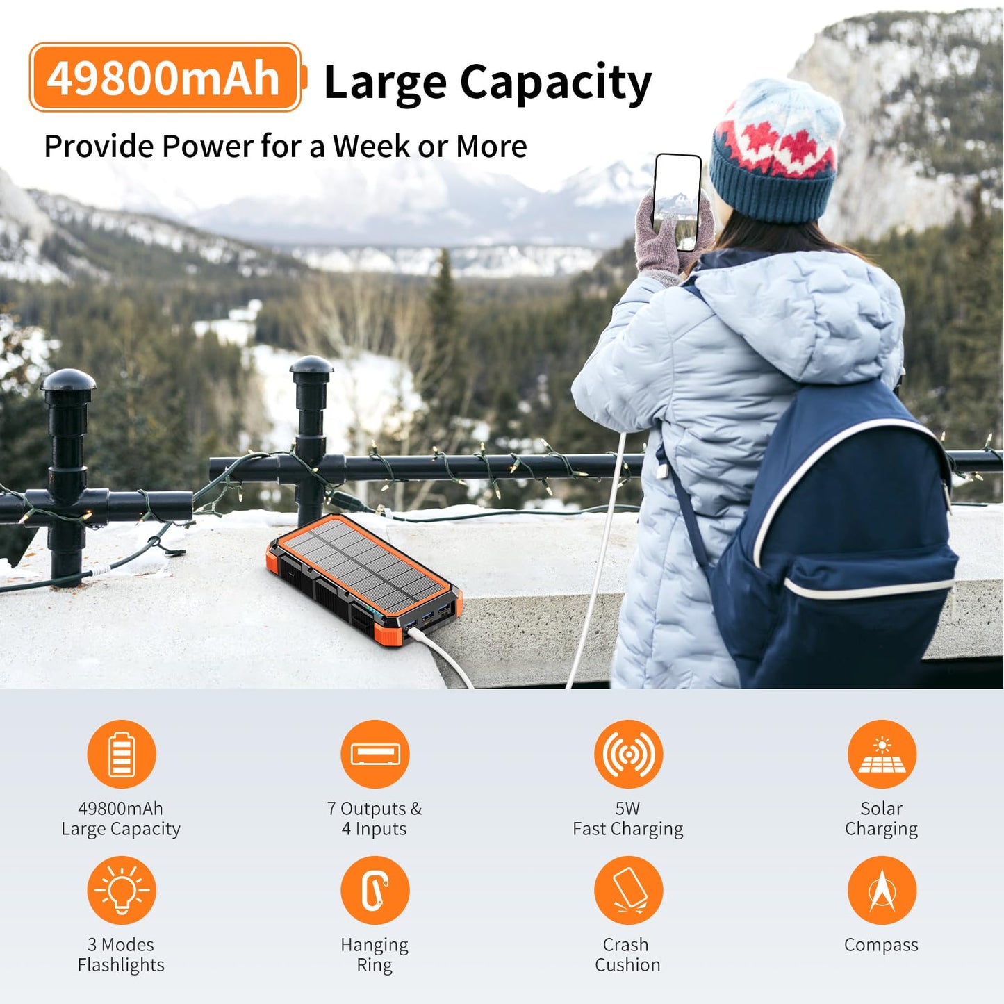 Solar Charger Power Bank 49800mAh Wireless Charger QC 3.0 Fast Charging Power Bank 8 Outputs 4 Inputs Solar Portable Charger Compatible with All Mobile Devices,SOS/Strobe/Strong Flashlights (Orange)