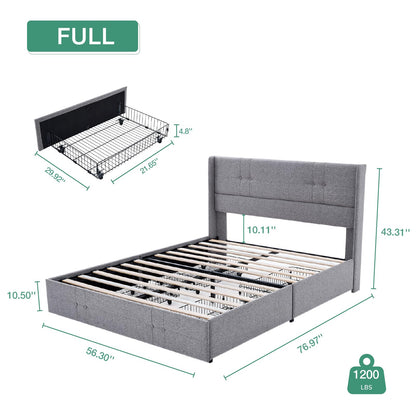 Novilla Upholstered Full Size Bed Frame Platform with 4 Storage Drawers and Fabric Headboard, Non-Slip and Noise-Free Full Bed Frame, Strong Wooden Slats, No Box Spring Needed, Grey